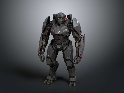 3D Model Mechanical Robot Character With Gray Armor Red Accents And Detailed Structure 3d model