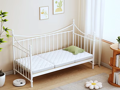 White Metal Bed Frame with Green Pillow and White Mattress on Wooden Floor 3d model