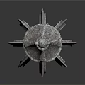 Medieval Metal Polearm Weapon With Ornate Decorative Head And Long Shaft