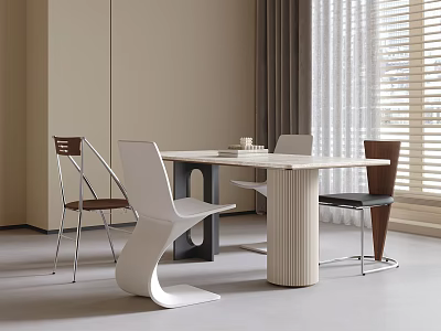 Modern Dining Table And Chairs With White Tabletop And Mixed Design Chairs In Bright Room 3d model