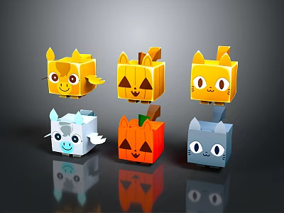 Cute Cube Shaped Cartoon Characters And Creatures In Yellow Orange White Gray With Smiling Faces 3d model