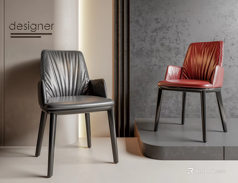 Modern Designer Leather Leisure Chairs In Black And Red With Curved Backrest And Dark Legs 3d model 
