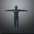 Blue Humanoid Character Wearing Blue Bodysuit With Green Stripes Red Eyes And Outstretched Arms