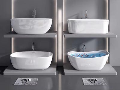 Modern White Freestanding Bathtubs With Shower Faucet On Bathroom Shelf And Bath Mat 3d model