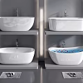 Modern White Freestanding Bathtubs With Shower Faucet On Bathroom Shelf And Bath Mat