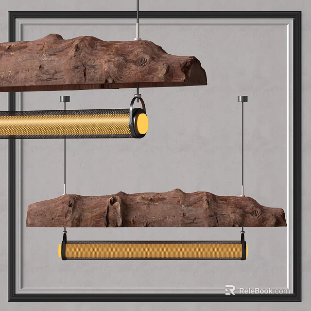 Natural Wood Pendant Light With Gold Linear Lamps For Modern Interior 3d model 