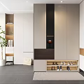 Modern Entryway Shoe Cabinet With White And Dark Wood Design Layered Shelves And Potted Plant