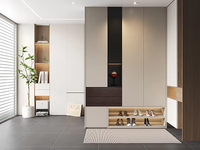 Modern Entryway Shoe Cabinet With White And Dark Wood Design Layered Shelves And Potted Plant 3d model