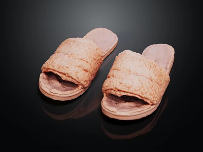 Pink Fluffy Textured Slippers With Soft Sole On Black Background Showing Reflection 3d model