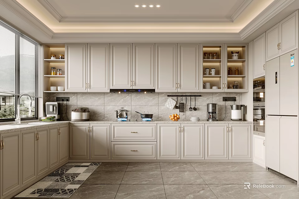 Modern Minimalist Kitchen Interior Design With Light Cabinets Open Shelves And Appliances 3d model 