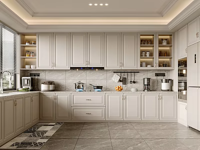 Modern Minimalist Kitchen Interior Design With Light Cabinets Open Shelves And Appliances 3d model