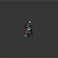 Two People Standing by Turquoise Scooter on Cobblestone Ground With Gray Background Spotlight Effect