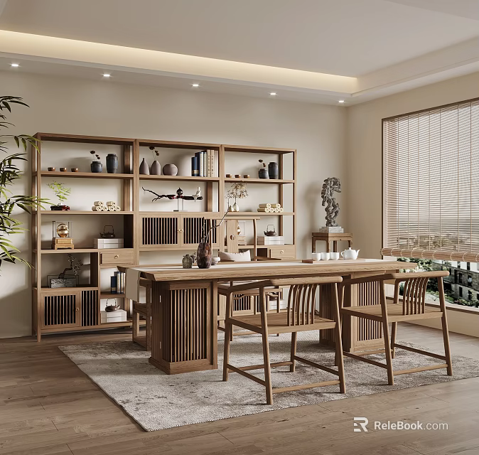 Natural Tea Room Interior With Wooden Table Chairs Shelves Tea Sets And Potted Plant 3d model 