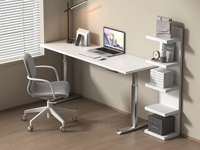 Modern Adjustable Height Desk with Laptop Lamp Books and Ergonomic Chair in Home Office 3d model