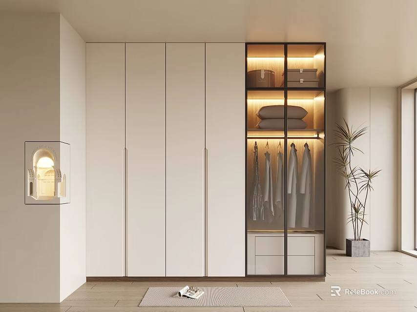 Modern White Wardrobe with Glass Doors LED Lighting Hanging and Folded Clothes in Sleek Interior 3d model 