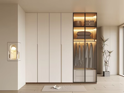 Modern White Wardrobe with Glass Doors LED Lighting Hanging and Folded Clothes in Sleek Interior 3d model