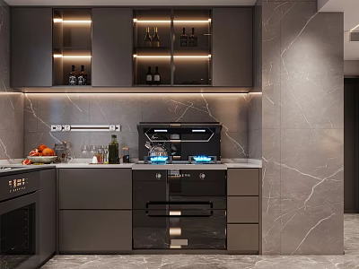 Modern Kitchen Interior With Dark Cabinets Marble Wall Built-in Appliances And Open Wine Rack 3d model