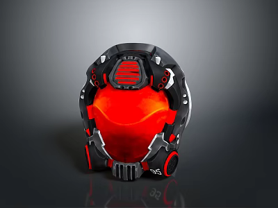 Futuristic Sci Fi Weapon Helmet with Black Red Mechanical Design and Glowing Red Interior 3d model