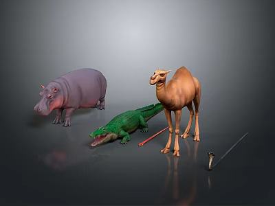 Colorful Animal Models Collection With Purple Hippo Brown Camel Green Crocodile And Snake 3d model