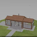 Small Brick Building With Brown Roof Tall Poles Large Windows And Green Grass Area