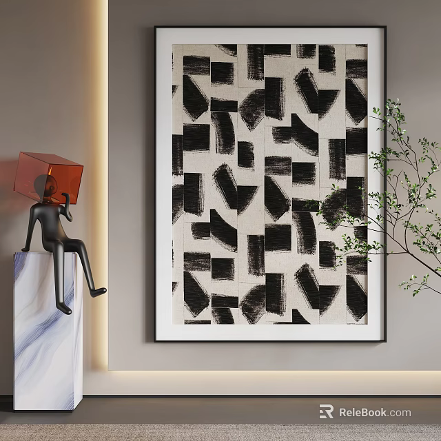 Minimalist Modern Abstract Painting With Black Geometric Shapes And Brush Strokes 3d model 