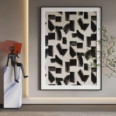 Minimalist Modern Abstract Painting With Black Geometric Shapes And Brush Strokes 3d model