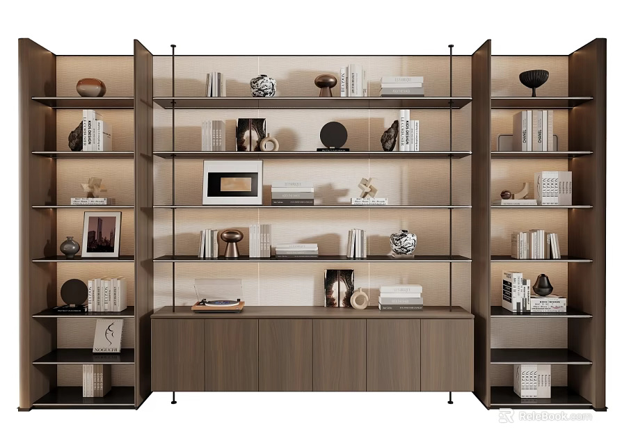Modern Wooden Bookcase Design With Books Decorative Items And Photo Frames 3d model 