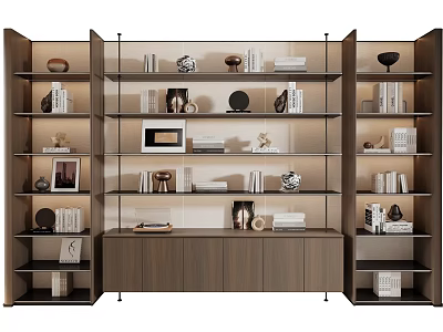 Modern Wooden Bookcase Design With Books Decorative Items And Photo Frames 3d model