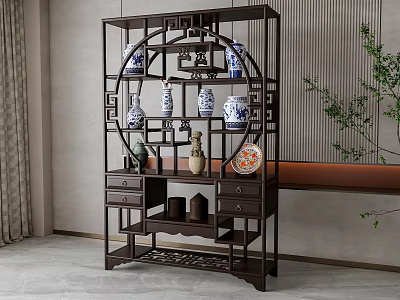 Traditional Chinese Dark Wood Display Shelf With Blue And White Vases Ornaments Drawers And Carvings 3d model