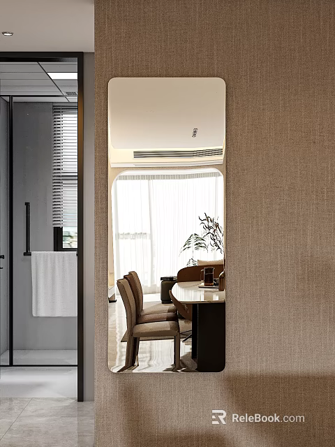 Modern Bathroom Mirror with Grey Walls Blinds Towel Rack and White Towel 3d model 