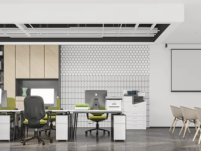 Modern Public Office Space With Grid Wall Wooden Cabinets Office Desks Computers And Chairs 3d model