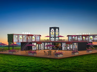 Modern Container Post Station With Outdoor Seating Umbrellas Green Grass And Flower Beds 3d model
