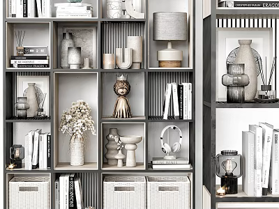 Modern Open Shelf Bookcase With Books Vases Storage Baskets Table Lamp And Decorative Sculptures 3d model