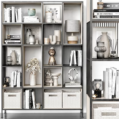 Modern Open Shelf Bookcase With Books Vases Storage Baskets Table Lamp And Decorative Sculptures 3d model
