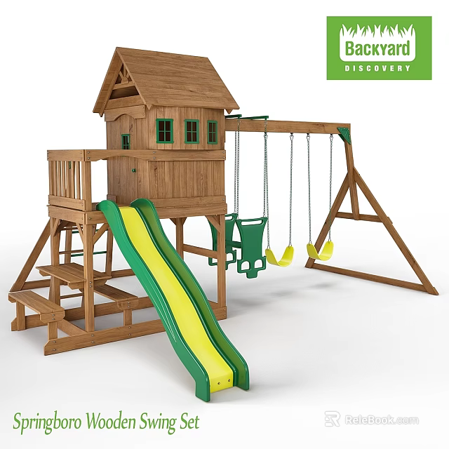 Wooden Outdoor Playground Equipment With Clubhouse Slide And Swings For Kids 3d model 
