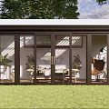 Modern Villa Balcony Design With Glass Doors Outdoor Seating And Green Lawn