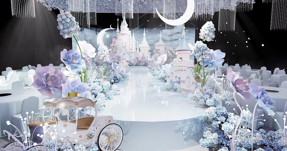 Luxury Banquet Hall Decor With Crystal Chandeliers And Floral Arrangements 3d model 