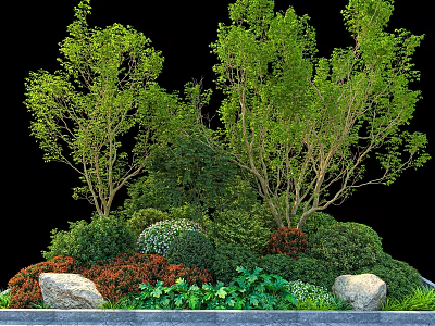 Vibrant Mixed Shrubs in Garden Landscape with Lush Foliage and Ornamental Stones 3d model