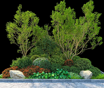 Vibrant Mixed Shrubs in Garden Landscape with Lush Foliage and Ornamental Stones 3d model