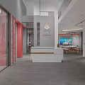 Modern Lobby Interior With Reception Desk Multiple Doors Red Decorative Wall And Gray Flooring