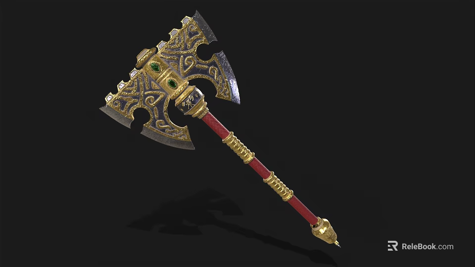 Ornate Battle Axe with Intricate Gold Blue Design Green Gemstone Red Handle and Spiked Bottom 3d model 