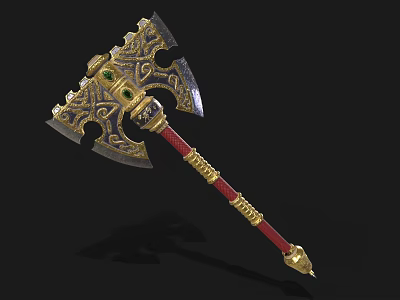 Ornate Battle Axe with Intricate Gold Blue Design Green Gemstone Red Handle and Spiked Bottom 3d model