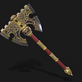 Ornate Battle Axe with Intricate Gold Blue Design Green Gemstone Red Handle and Spiked Bottom