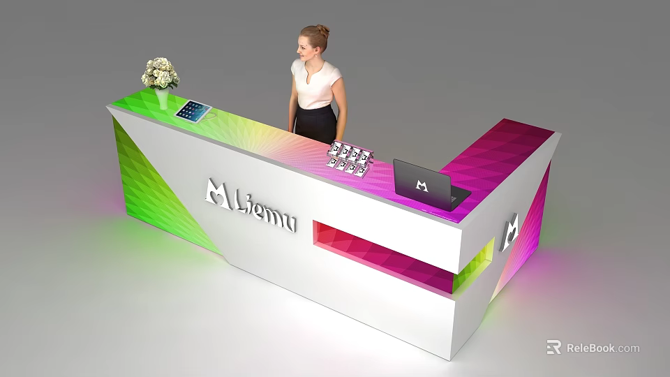 Colorful Gradient Reception Desk With Lisema Logo Tablet White Flower Bouquet And Laptop 3d model 