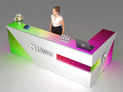 Colorful Gradient Reception Desk With Lisema Logo Tablet White Flower Bouquet And Laptop 3d model
