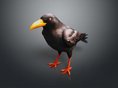 Black Flying Bird with Yellow Beak and Orange Claws Standing on Gray Background 3d model