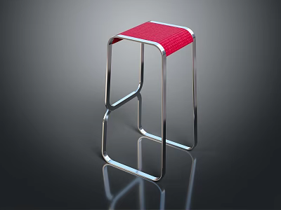Modern Bar Stool with Red Seat and Sleek Metal Frame on Reflective Surface 3d model