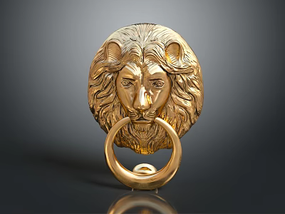 Ornate Golden Lion Head Shaped Door Handle With Circular Ring Knocker Design 3d model