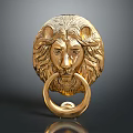 Ornate Golden Lion Head Shaped Door Handle With Circular Ring Knocker Design 3d model