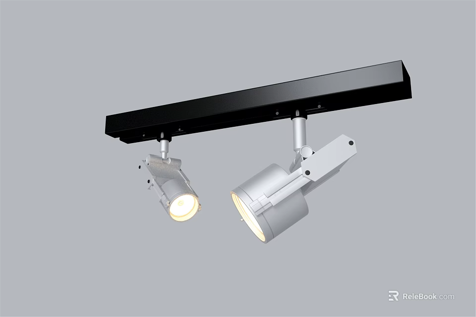 Track Mounted Downlights And Spotlights Lighting Fixture With Black Track Silver Adjustable Heads 3d model 